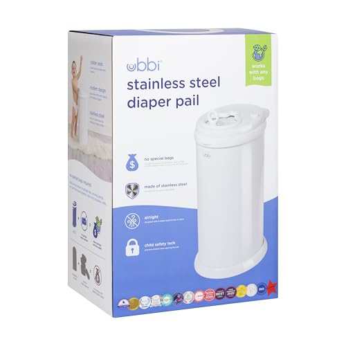 Ubbi Stainless Steel Diaper Pail, No Special Bags, Odor-Locking, White | Award-Winning Registry Must-Have, Childproof Safety Lid with Lock, Holds Up To 55 Newborn Diapers, Modern Nursery Essential