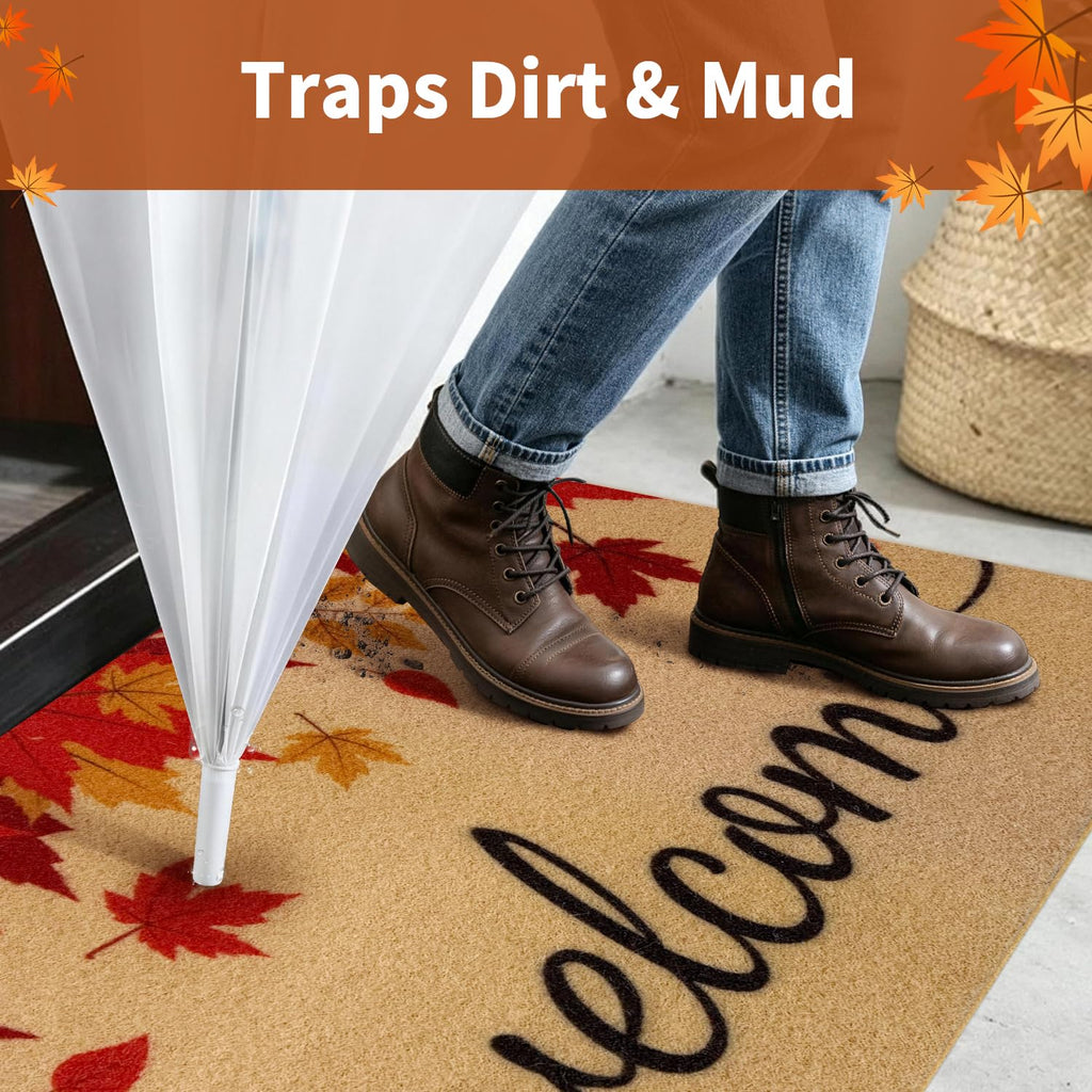 PKFEDR Fall Door Mat, Non Slip Front Welcome Mat Outdoor Indoor 17"x30" | Heavy Duty Washable Doormat Traps Mud, Low Profile Anti Slip Backing, Adds Cozy Fall Decor to Your Entrance Patio & Porch
