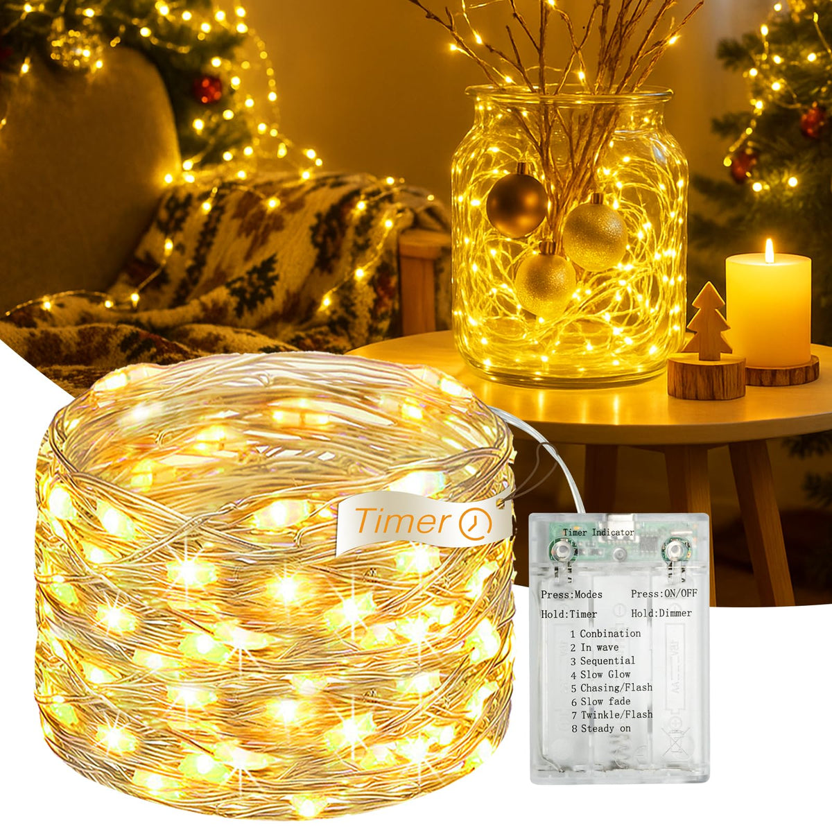 16FT 50 LED Fairy Lights Battery Operated with Timer, Warm White