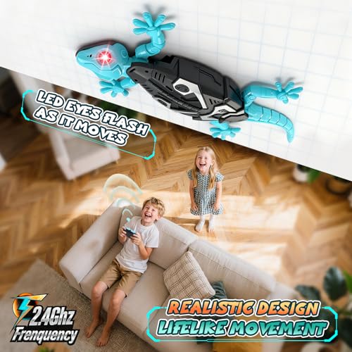 KETIEE RC Wall Crawler Gecko: Wall Climbing Gecko Toy for Kids | Remote Control Climbing Lizard with Led Glow Eyes,Rechargeable Floor Ceiling Crawling Robot Prank Toy,Gift for Boy Girl 3+Yrs