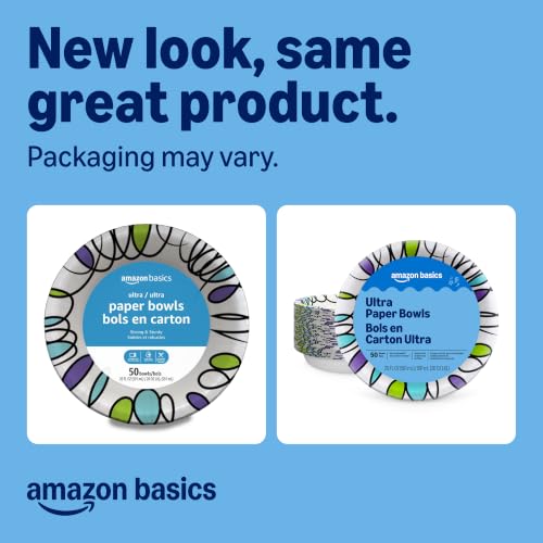 Amazon Basics Ultra Disposable Paper Bowls, 20 Oz, Microwave Safe, Soak Proof, Strong & Sturdy, White, 50 Count, Packaging May Vary