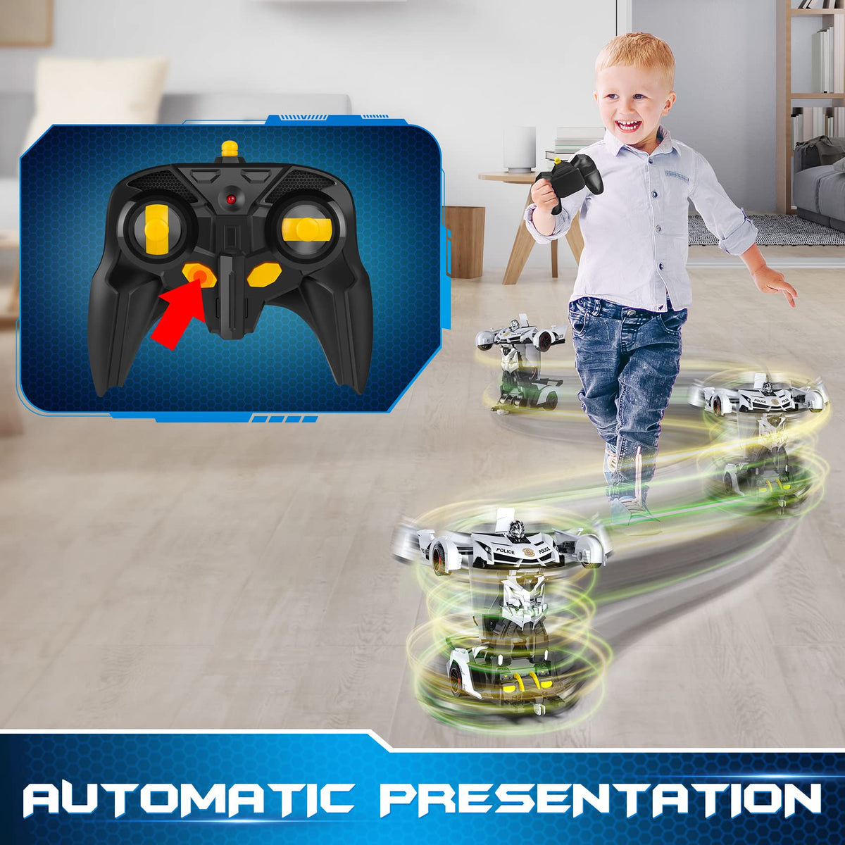 FDJ Remote Control Car - Transform Toys Car Robot, One Button Deformation to Robot with Flashing Light, 2.4Ghz 1:18 Scale Transforming Police Car Kids Toys with 360 Degree Rotating, Girls Boys Toys