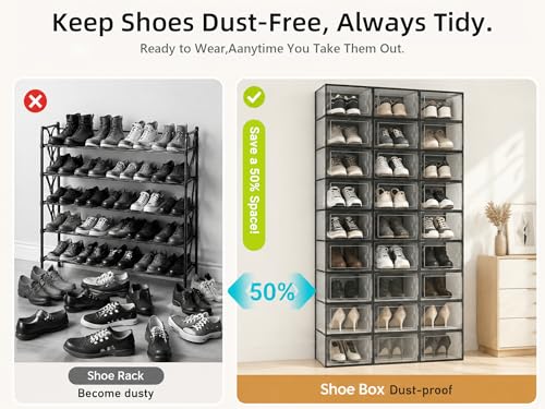 Kuject X-Large Shoe Storage Boxes 12 Pack, Clear Stackable Shoe Organizer | Drop-Front Space-Saving Shoe Cases for Closet, Entryway & Under-Bed Storage, Family Organizer,Black