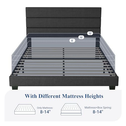Allewie Queen Size Platform Bed Frame with Fabric Upholstered Headboard | Wooden Slats Support, Fully Upholstered Mattress Foundation, No Box Spring Needed, Easy Assembly, Noise-Free, Dark Grey