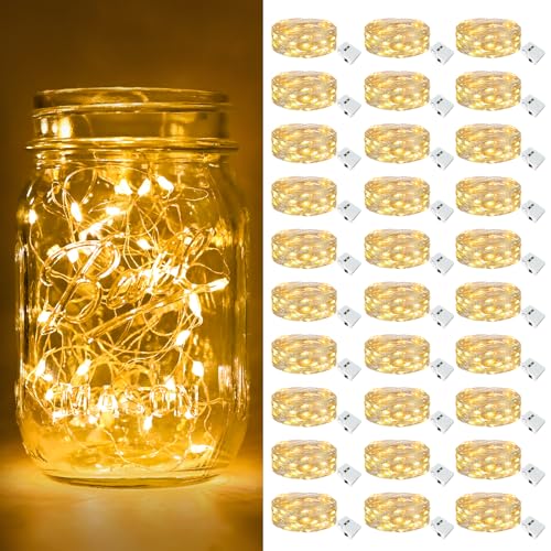 btfarm 30 Pack Fairy Lights Battery Operated Twinkle Lights with 3 Modes | 7Ft 20 Led String Light, Waterproof Bulk Small Mini Silver Wire for Christmas Mason Jars Wedding Table Centerpiece,Warm White