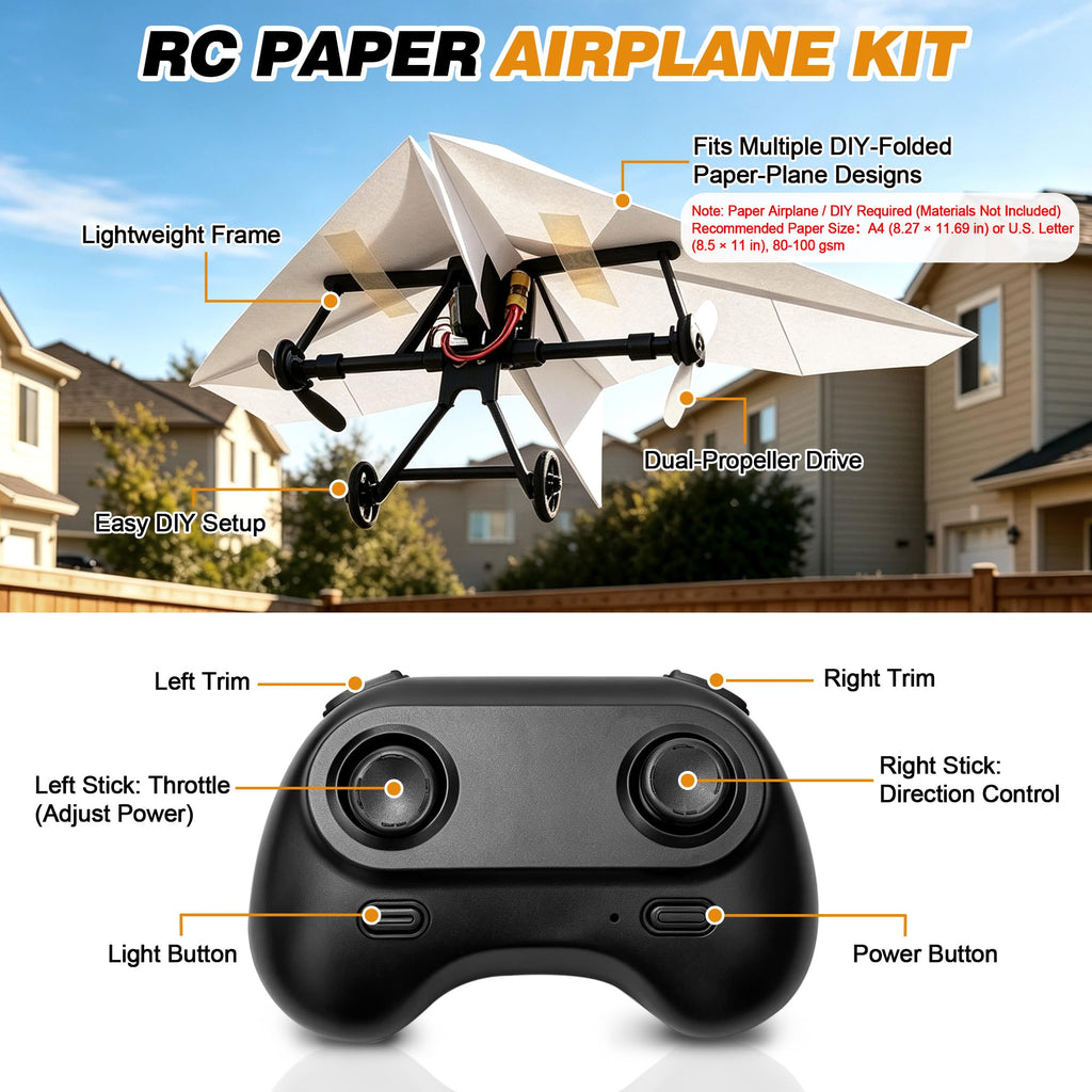 Virellia 1-Pcs DIY RC Paper Airplane Kit for Hobbyists, Pilots & Beginners | DIY Remote Control Airplane Kit for Kids Adults, Easy to Fly with Gyro Stabilizer, Dual Propellers, Lightweight, Foldable