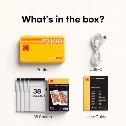 KODAK Mini 2 Retro 2x3 Portable Photo Printer, 4PASS, 38 Sheets, White | Bluetooth, iPhone & Android Smartphone Compatible, Smudge-Proof, Water-Resistant, Fade-Resistant
