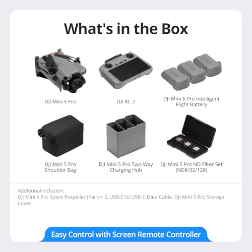 DJI Mini 5 Pro Fly More Combo With DJI RC 2, 1-Inch CMOS | 4K Drone for Beginners With Omnidirectional Obstacle Sensing, ActiveTrack 360°, 225° Gimbal Rotation, 3 Batteries