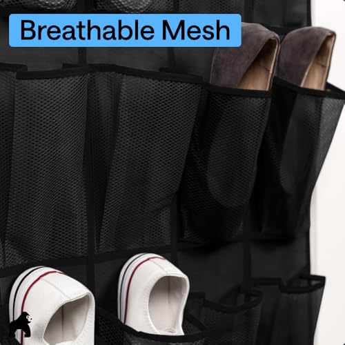 GORILLA GRIP Over the Door Shoe Organizer, 24 Large Pockets, Black | Breathable Mesh Pocket, Space Saving Hanging Storage Holder, Closet Rack Hanger for Shoes, Pantry and Bathroom Accessories