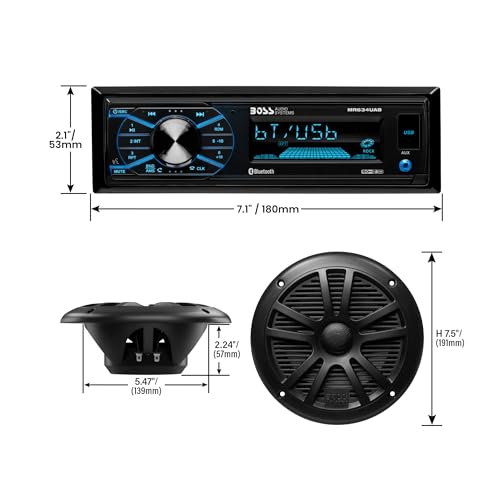 BOSS Audio Systems MCKG634B.6 Marine Boat Stereo, 6.5 Inch Speakers (Pair) | AM/FM radio receiver, USB and aux inputs, weatherproof design, dipole antenna, front and rear pre-amp outputs