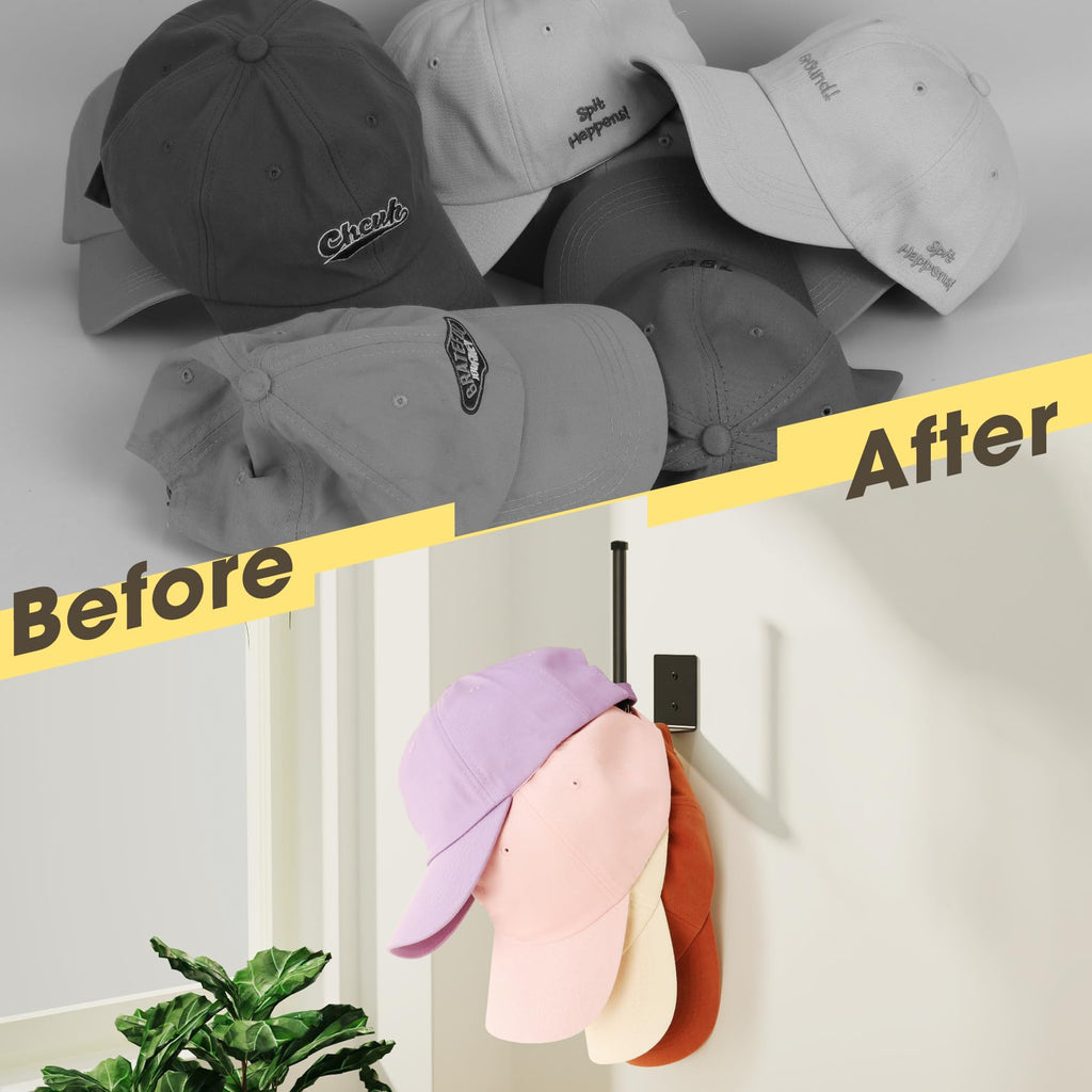 Durmmur Stainless Steel Hat Organizer, Hat Rack for Wall,Each Holds 15 Hats | 2P Strong Adhesive/Wall Drilled Hat Holder, Hat Hooks, Hat Hanger Baseball Cap Organizer for Door,Bedroom,Closet(Black 6 in)