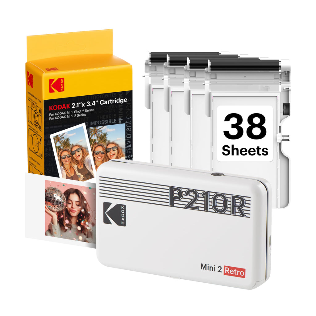 KODAK Mini 2 Retro 2x3 Portable Photo Printer, 4PASS, 38 Sheets, White | Bluetooth, iPhone & Android Smartphone Compatible, Smudge-Proof, Water-Resistant, Fade-Resistant