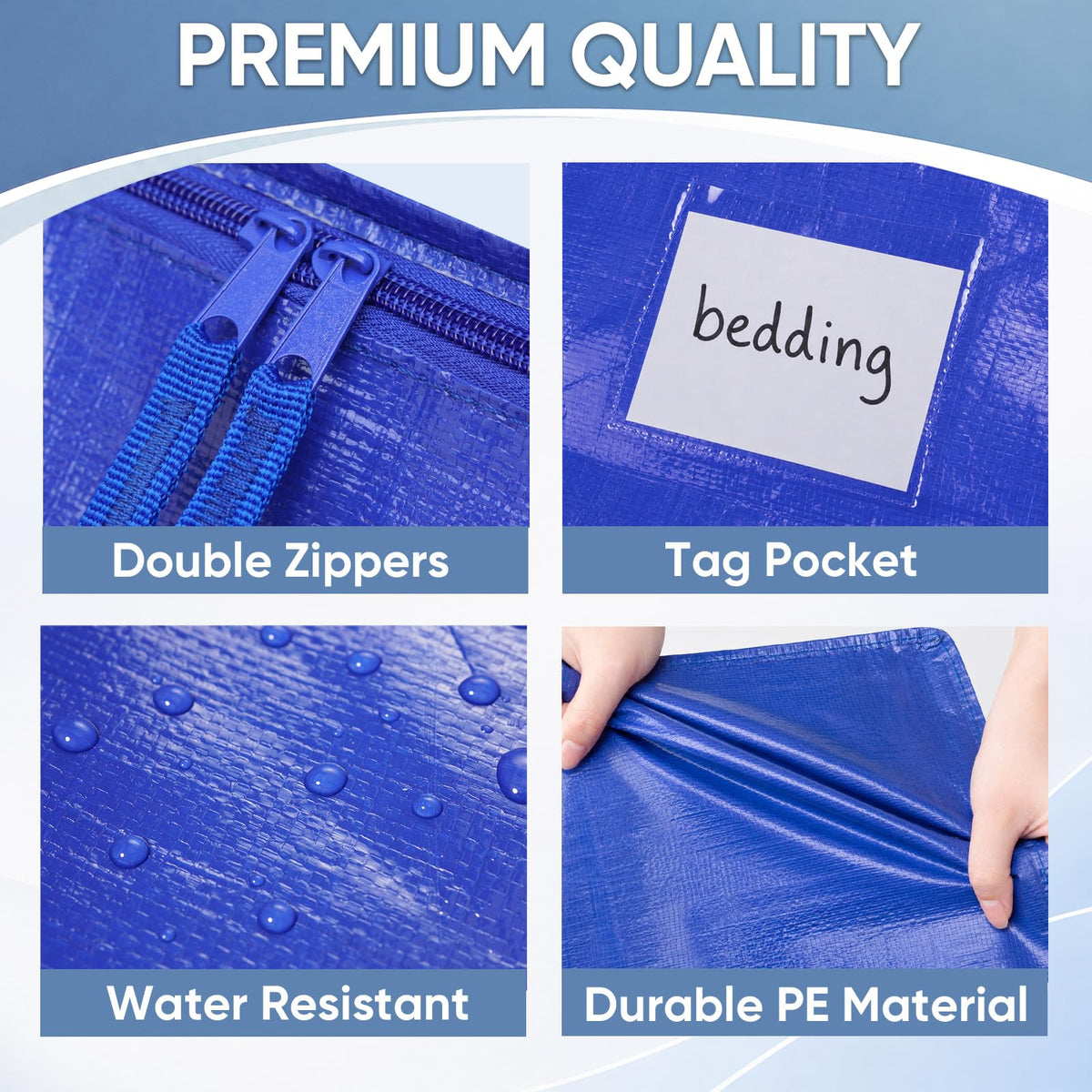 TICONN 6 Pack Extra Large Moving Bags Heavy Duty with Zippers & Carrying Handles, Durable Storage Bags Moving Boxes for Closet Organizers and Storage (6 Pack, Blue)