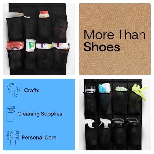 GORILLA GRIP Over the Door Shoe Organizer, 24 Large Pockets, Black | Breathable Mesh Pocket, Space Saving Hanging Storage Holder, Closet Rack Hanger for Shoes, Pantry and Bathroom Accessories