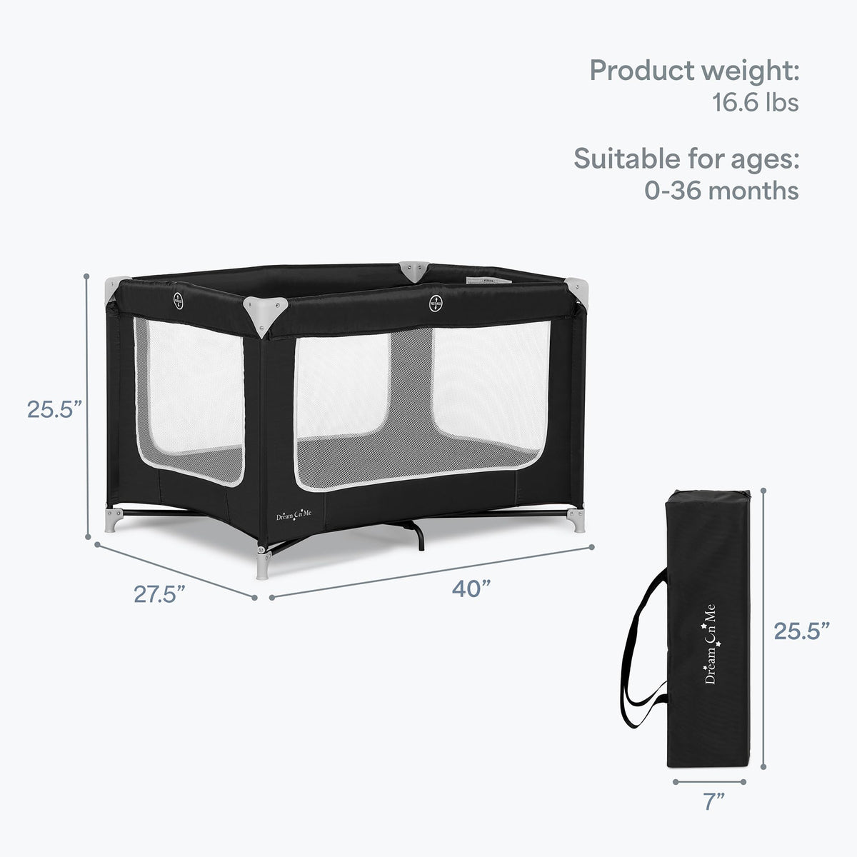 Dream On Me Zodiak Portable Playard, Compact for Travel, Carry Bag, Black | Removable Mattress Pad, Mesh Sides, Quick Fold, 30 Lb Limit - ASTM Tested for Infants & Toddlers, Indoor & Outdoor Use