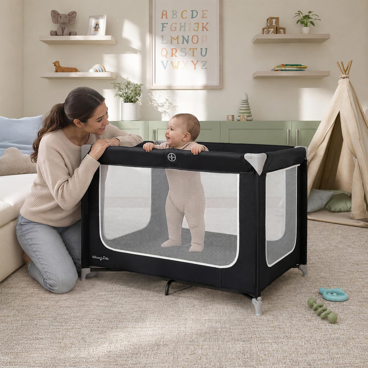 Dream On Me Zodiak Portable Playard, Compact for Travel, Carry Bag, Black | Removable Mattress Pad, Mesh Sides, Quick Fold, 30 Lb Limit - ASTM Tested for Infants & Toddlers, Indoor & Outdoor Use