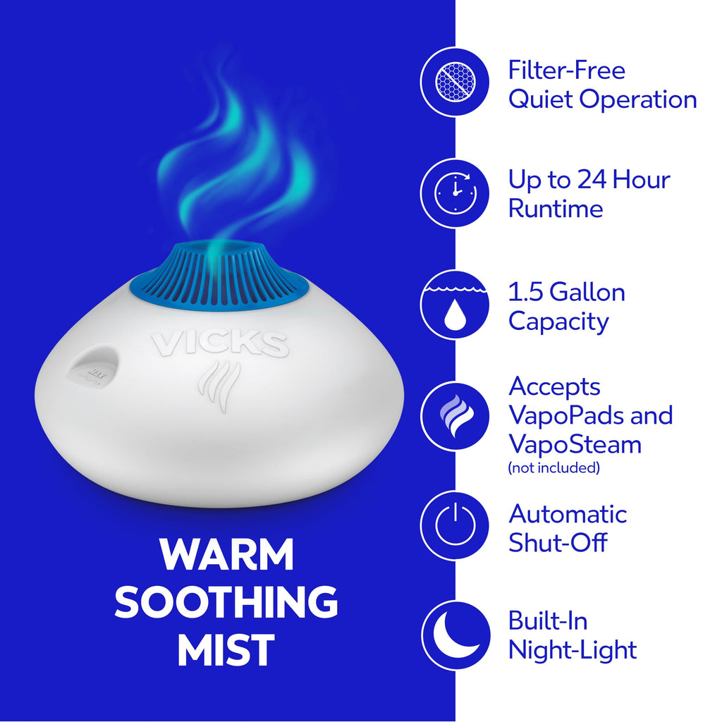 Vicks Warm Steam Vaporizer Humidifier for Medium and Large Rooms, 1.5 Gal | Warm steam humidifier provides warm relief at night for nasal congestion, can be used with VapoPads and VapoSteam