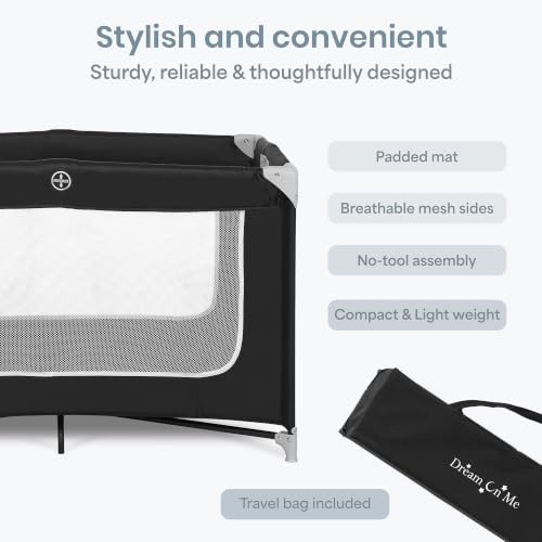 Dream On Me Zodiak Portable Playard, Compact for Travel, Carry Bag, Black | Removable Mattress Pad, Mesh Sides, Quick Fold, 30 Lb Limit - ASTM Tested for Infants & Toddlers, Indoor & Outdoor Use