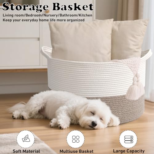 HZFTJOY Large Woven Blanket Basket,65L Cotton Rope Laundry Basket | Collapsible Nursery Storage Bin with Sturdy Handles for Clothes, Toys, Pillows, Living Room Bedroom Bathroom - White & Brown