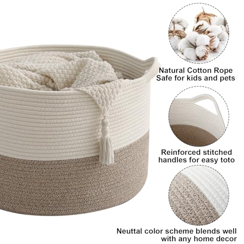 HZFTJOY Large Woven Blanket Basket,65L Cotton Rope Laundry Basket | Collapsible Nursery Storage Bin with Sturdy Handles for Clothes, Toys, Pillows, Living Room Bedroom Bathroom - White & Brown
