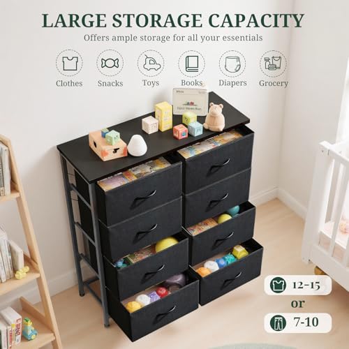 8-Drawer Dresser for Bedroom, Anti-Tip Tall Storage Organizer | Chest of Drawers with Wooden Top and Metal Frame Fabric Bins for Closet, Living Room, Hallway, Entryway, Black