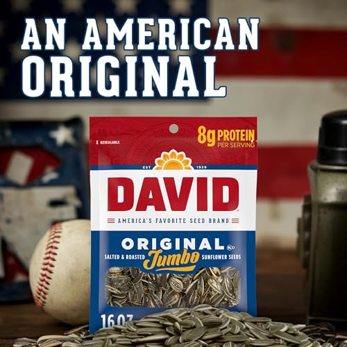 DAVID Jumbo Sunflower Seeds, Original Flavor, 16 oz. | 8g protein per serving; Original flavor; great for baseball games & road trips; also perfect for desk snacking