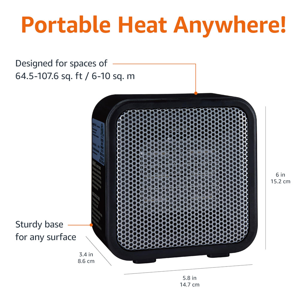 Amazon Basics Ceramic Portable Mini Space Heater for Office Desk, Indoor Use, Fast Heating, 500W, With Tip-Over Protection, Lightweight 1.4 lbs, Black, 5.87"D x 3.15"W x 5.95"H