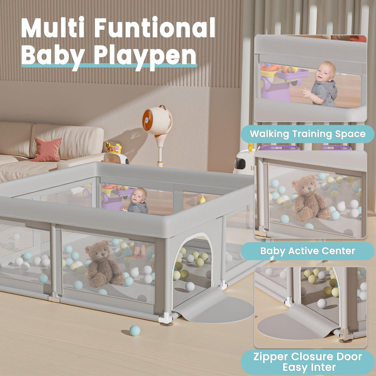 Hiaksedt Baby Playpen 50x50 Inch, Play Pens for Babies and Toddlers | Baby Fence for Indoor & Outdoor, Sturdy Safety Play Yard with Soft Breathable Mesh, Anti-Fall, Grey