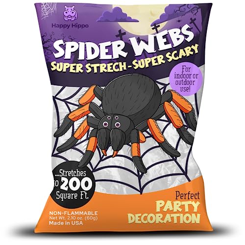 Happy Hippo Halloween Spider Web Decoration, 200 Square Feet & Plastic Spiders, Halloween Party Supplies, Spider Webs (Small, 200 Sq Feet) (8 Fake Spiders Included)
