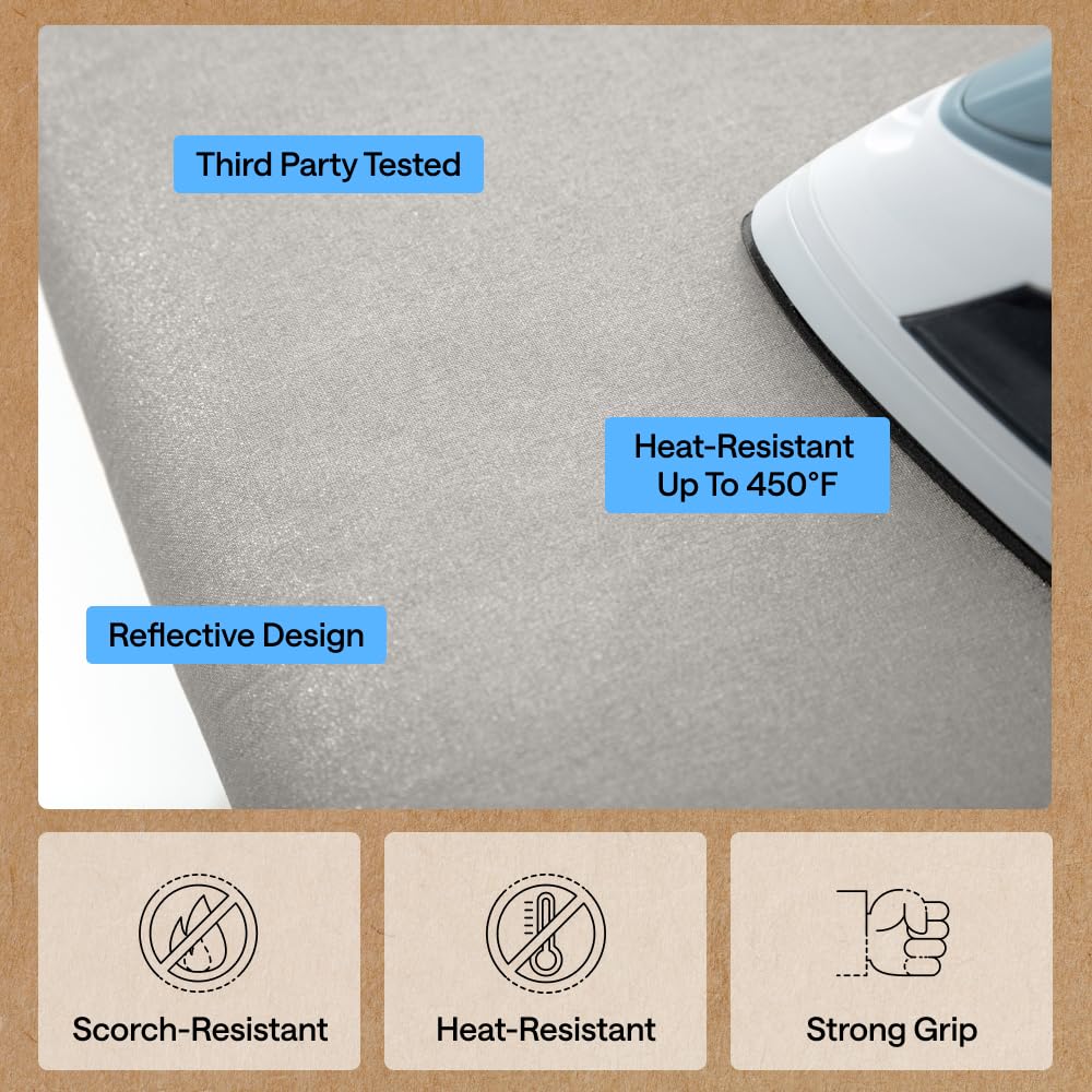 GORILLA GRIP Padded Ironing Board Cover, 15x54 Silver | Silicone Coating, 400°F Scorch and Stain Resistant, Fits Over Standard Size Board, Heavy Duty Hook and Loop Fastener Strap