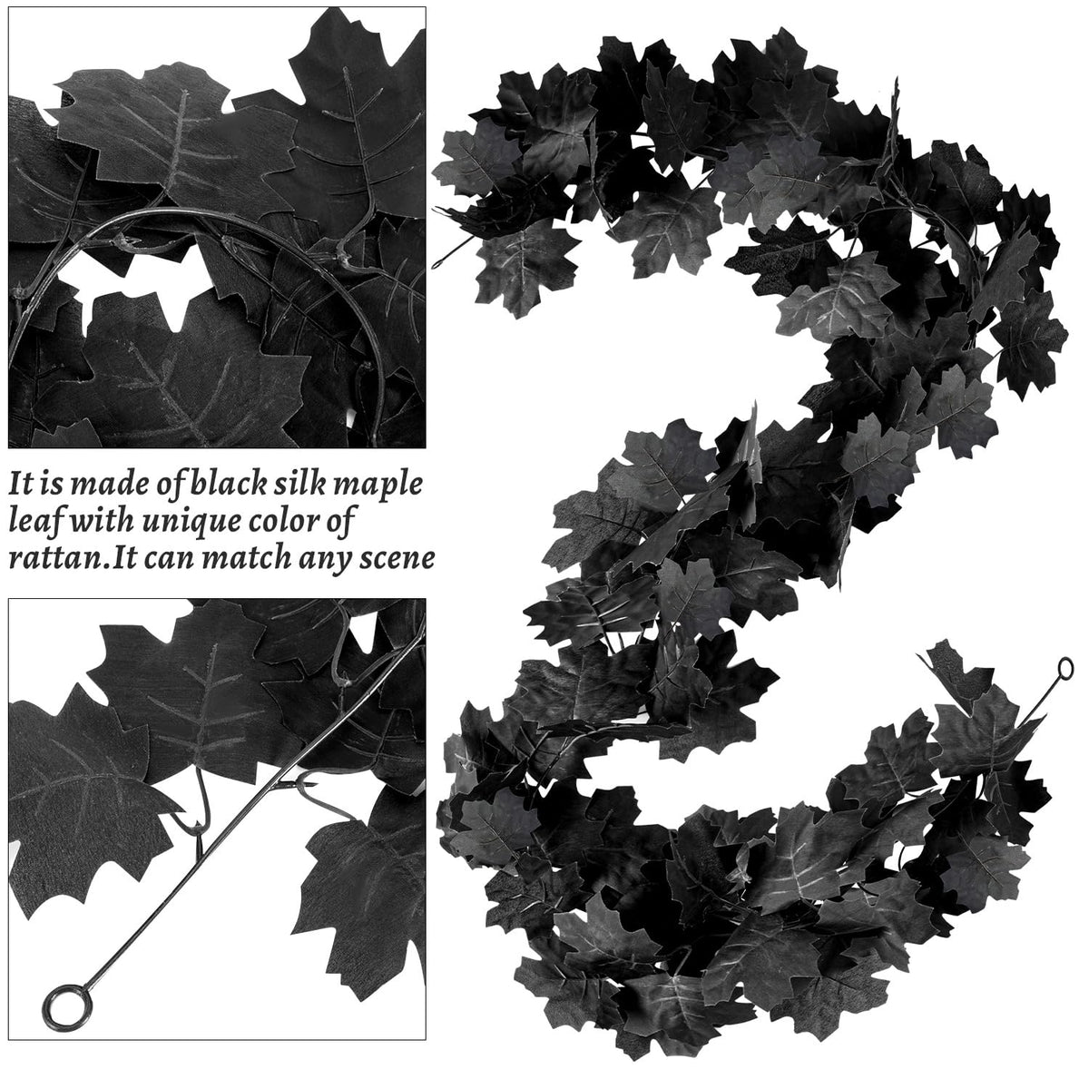 2Pcs Black Maple Leaf Garland Halloween Artificial Fall Leave Vines | 11.8FT, Fall Floral Garlands Thanksgiving Decor for Home Wedding Party