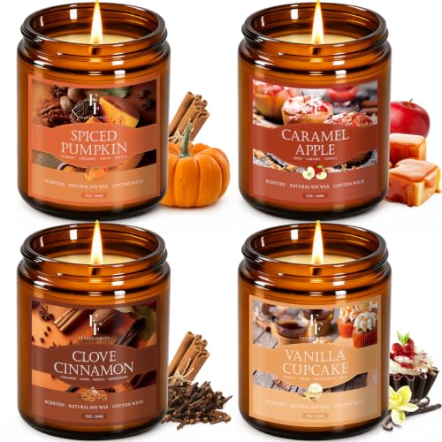 Fall Candles Set, 4 Pack Candles for Home Scented Natural Soy Wax, Autumn Gifts Set for Women Men, Fall Fragrance of Pumpkin/Cinnamon/Vanilla Cupcake/Apple