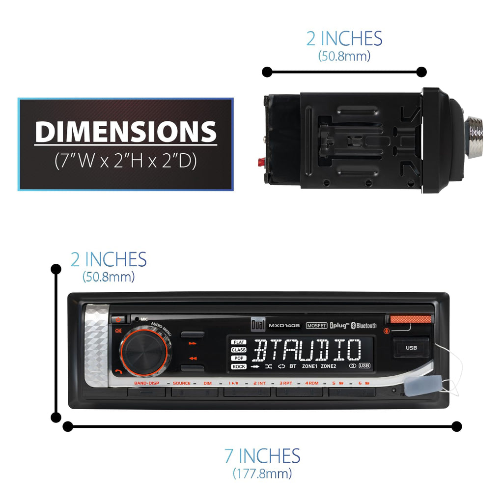 Dual Electronics MXD140B Marine Stereo Bluetooth Single DIN Weatherproof AM/FM