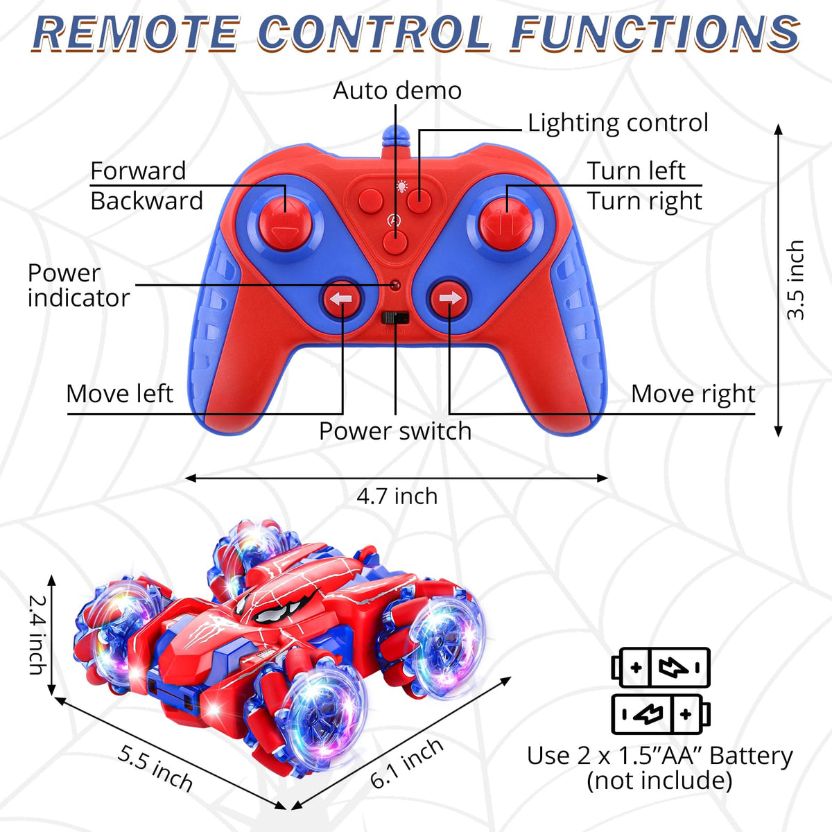 Spider Remote Control Car Headlight Double Sided Off-Road 360° Rotating Car | 2.4Ghz Rechargeable RC Stunt Car 4WD RC Drift Stunt Car for Boys Indoor Outdoor Toys 4-6 5-7 8-13