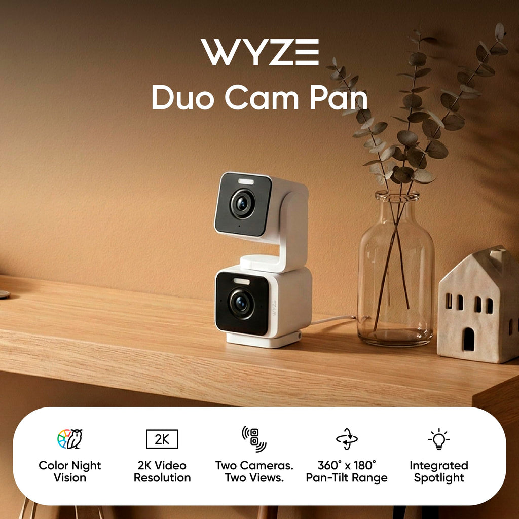 WYZE Duo Cam Pan Indoor/Outdoor IP65 2K 360° Pan/Tilt Smart Home Security Camera with Color Night Vision, Compatible with Alexa & Google Assistant, White