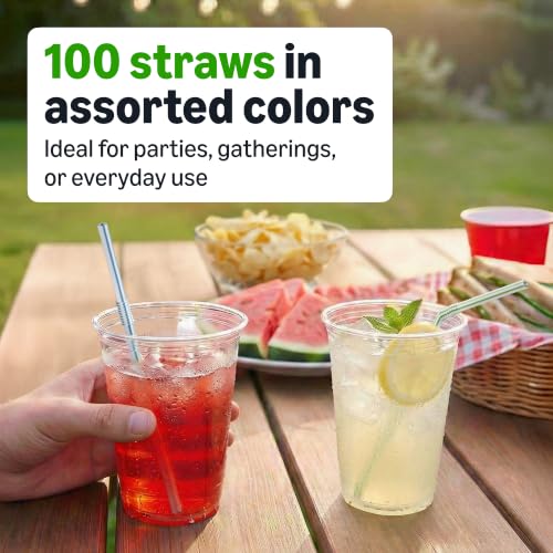 Amazon Basics Disposable Striped Plastic Flex Straws, Assorted Colors, 100 Count, Large Pack, Packaging May Vary