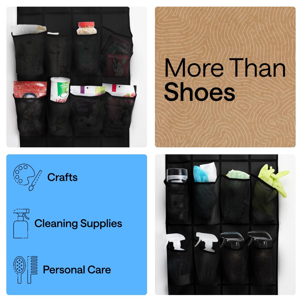 GORILLA GRIP Over the Door Shoe Organizer, 24 Large Pockets, Black | Breathable Mesh Pocket, Space Saving Hanging Storage Holder, Closet Rack Hanger for Shoes, Pantry and Bathroom Accessories