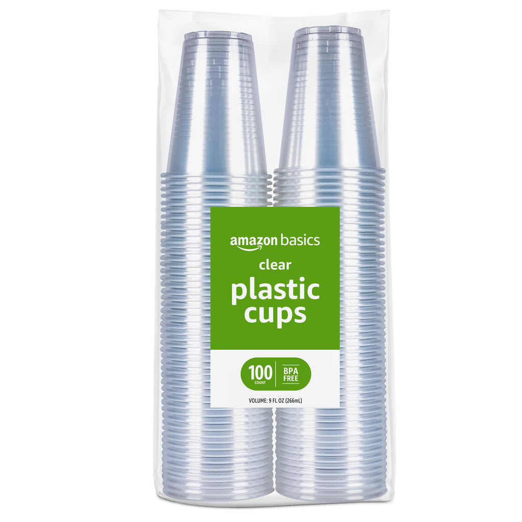Amazon Basics Small Disposable Clear Plastic Cups, 9oz, 100 Count, Packaging May Vary