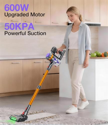 KQAHA Cordless Vacuum Cleaner, 600W 50KPA Vacuum Cleaners for Home, 65Mins Stick Vacuum Cordless with Self-Standing, LED Display & Anti-Tangle, Lightweight Wireless Vacuum for Pet Hair/Carpets/Floors