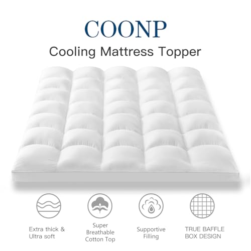 COONP Queen Mattress Topper, Cotton Extra Thick Pillow Top Mattress Pad | 100% Cotton Top Bed Topper Protector, Cooling Mattress Cover for Back Pain, Soft Breathable for Hot Sleeper, White
