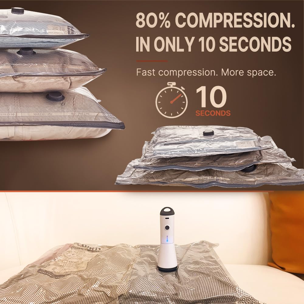 Vacbird Travel Vacuum Bags with Rechargeable Pump, Carry-On Space Saver | See Contents Easily with Transparent Bags, 1500mAh Pump Compresses 90+ Bags, Carry-On Size for Easy Travel Packing