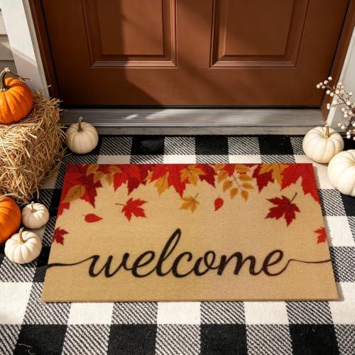 PKFEDR Fall Door Mat, Non Slip Front Welcome Mat Outdoor Indoor 17"x30" | Heavy Duty Washable Doormat Traps Mud, Low Profile Anti Slip Backing, Adds Cozy Fall Decor to Your Entrance Patio & Porch