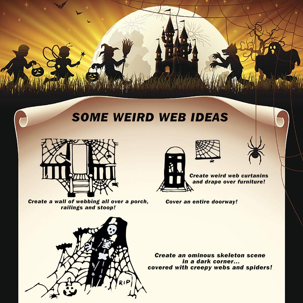 1000 sqft Spider Webs Halloween Decorations with 77 Fake Spiders | Super Stretch Cobwebs for Halloween Indoor and Outdoor Decor