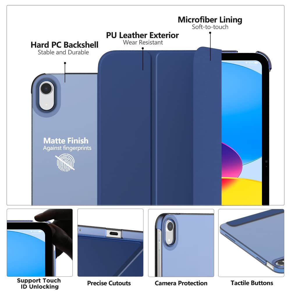 MoKo for iPad (A16) 11th Generation Case, iPad 10th Gen Case, Navy Blue | For iPad 11/10.9 Inch Case 2025/2022, Slim Stand Hard PC Translucent Back Shell Smart Cover,Support Touch ID,Auto Wake/Sleep