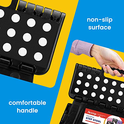 ACSTEP Folding Step Stool 9 Inch, Non-Slip Foldable Stools for Kids, Black | Heavy Duty Collapsible Foot Stool, Lightweight, Holds 300 lb for Toddler/Adults Kitchen Bathroom Bedroom Outdoor, with Handle