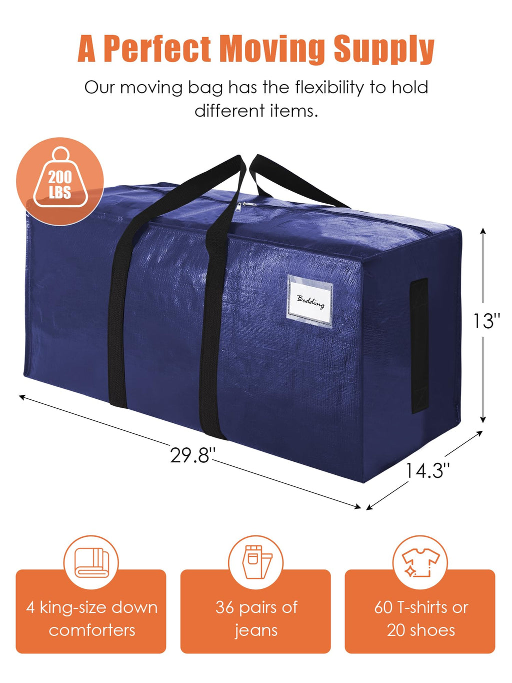 SWEET DOLPHIN 8 Pack 200LB Heavy-Duty Moving Bags with Wrap-Around Handles, Extra Large Storage Totes for Space Saving, Clothes Storage Bags, College Dorm Essentials, Blue, 24 Gal
