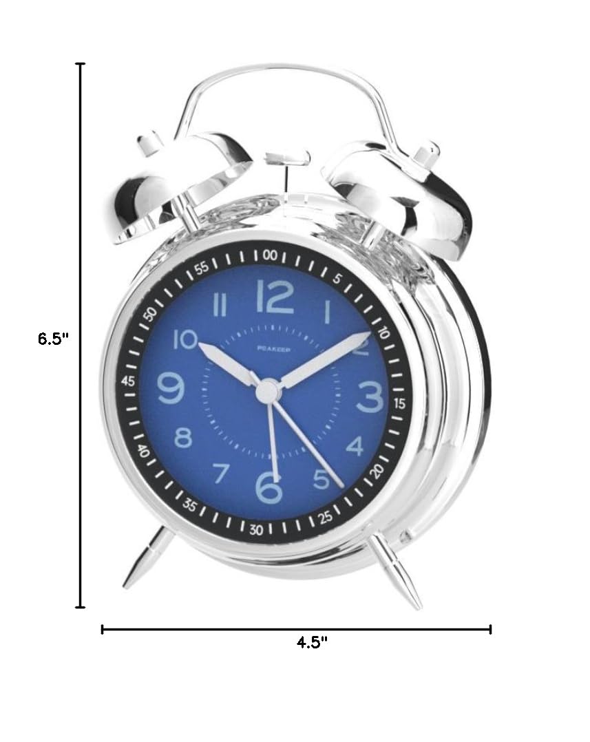 Peakeep Loud Alarm Clock for Heavy Sleepers Adults, Metal 4 Inches | Twin Bell Battery Operated Analog Alarm Clocks for Bedrooms Kids' Room Decoration (Jewel Blue)