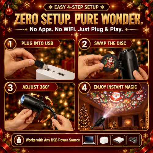 2027 New Plug and Play Hd Christmas Projector Indoor, 360°Adjustable Christmas Scene Projector Indoor, Holiday Projector for Bedroom, Gaming Room (10 Projection Films)