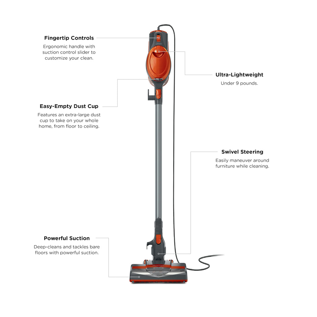 Shark Rocket Corded Stick Vacuum, Carpet & Hard Floors, Gray/Orange, HV301 | Under 9 Lbs., Handheld Conversion, Pet Hair Pickup, Swivel Steering, Low-Profile Reach, Crevice and Upholstery Tools