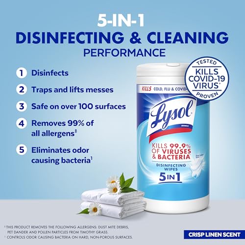 Lysol Disinfecting Wipes, Multi-Surface Cleaner, Crisp Linen, 80 ct. | All Purpose Cleaner, Sanitizing, Deodorizing, Apartment Essentials, Back To School Cleaning Supplies, Kitchen & Bathroom Wipe